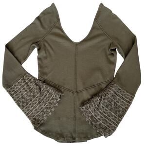 Free People Olive Lace Bell Sleeve Thermal Top Boho Cottagecore L Whimsigoth
